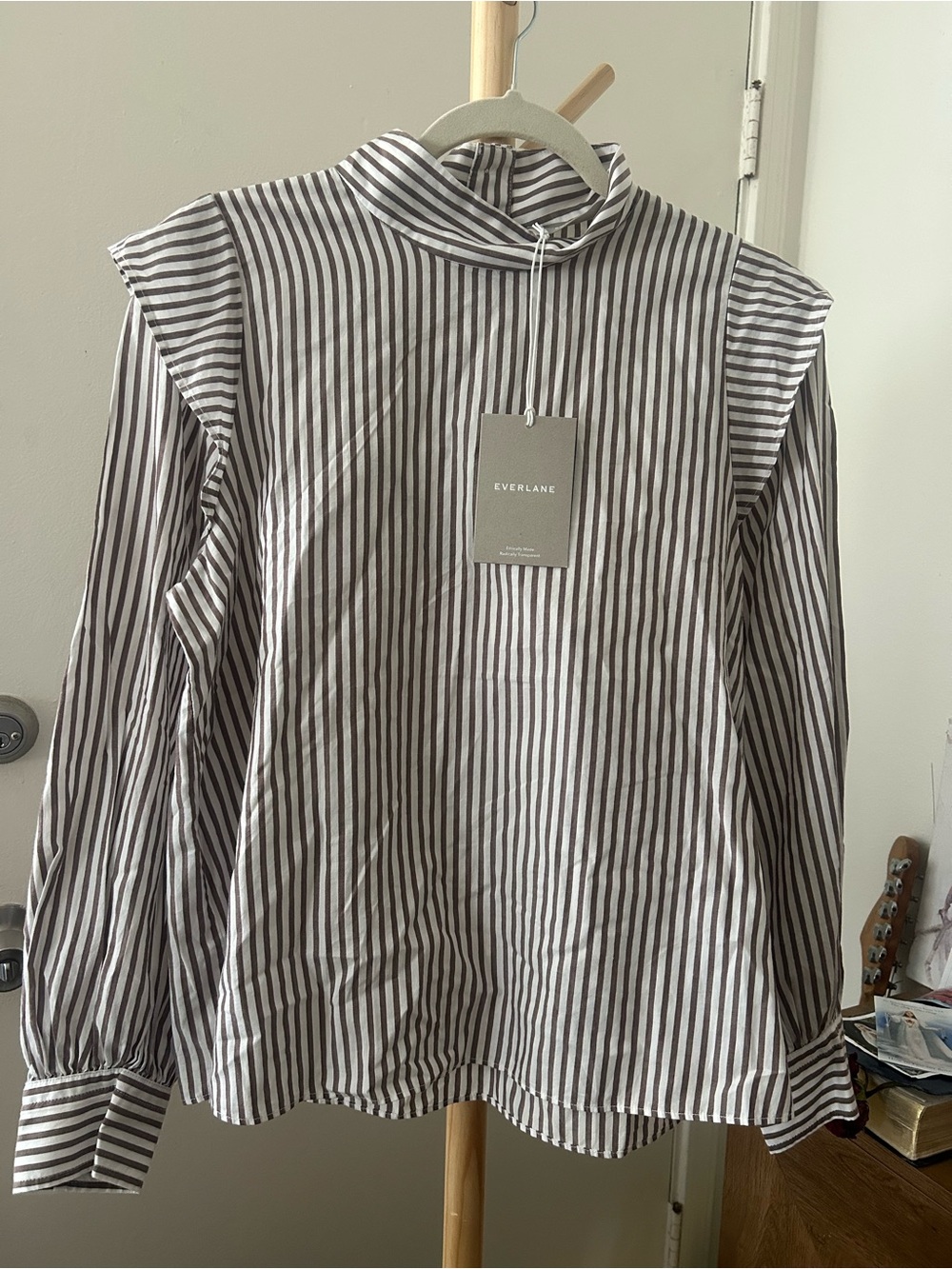 Everlane Brown & White Striped Mock Neck Dress Shirt size 6